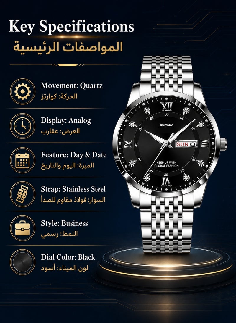 RUIYADA Male Wrist Watches, Luminous Pointer, Men’s Watch Analog Quartz Movement, Stainless Steel, Waterproof, Apply to Luxury Dress Business, Big Face Rome Number Diamond Dial - Image 2