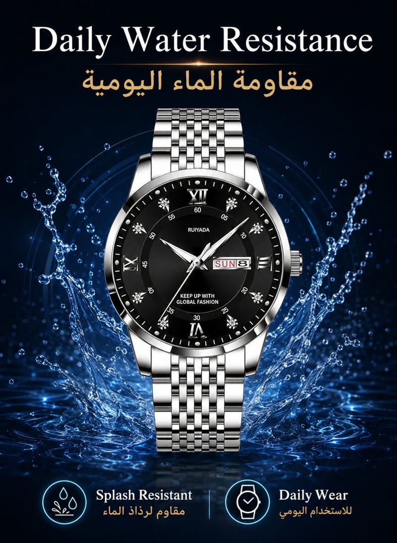 RUIYADA Male Wrist Watches, Luminous Pointer, Men’s Watch Analog Quartz Movement, Stainless Steel, Waterproof, Apply to Luxury Dress Business, Big Face Rome Number Diamond Dial - Image 5