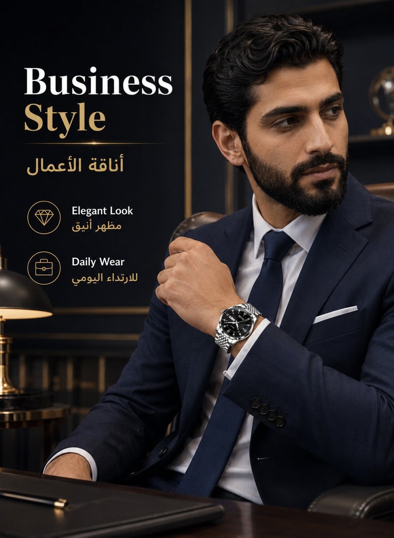 RUIYADA Male Wrist Watches, Luminous Pointer, Men’s Watch Analog Quartz Movement, Stainless Steel, Waterproof, Apply to Luxury Dress Business, Big Face Rome Number Diamond Dial - Image 4