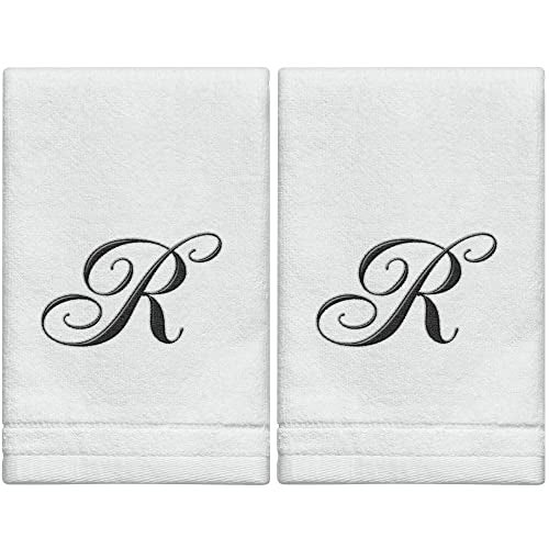 Monogrammed Towels Fingertip Personalized Gift 11 x 18 Inches  Set of 2 Black Embroidered Towel  Extra Absorbent 100 Cotton Soft Velour Finish  For Bathroom Kitchen Spa Initial R White