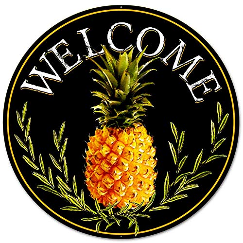 Eletina Welcome Metal Tin Sign Farmhouse Vintage 12" Round Metal Sign: Welcome Pineapple Wall Door Hanger Decor, Yellow black - Image 1