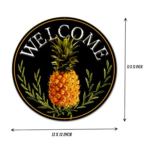 Eletina Welcome Metal Tin Sign Farmhouse Vintage 12" Round Metal Sign: Welcome Pineapple Wall Door Hanger Decor, Yellow black - Image 2