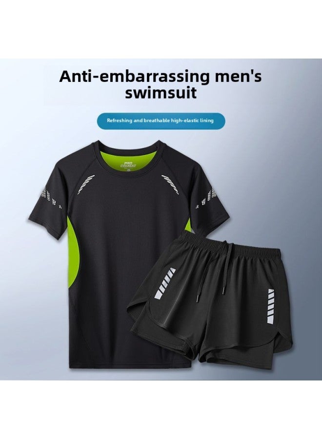 إسكدنيا بدلة سباحة رجالية مكونة من قطعتين صيفية بقصة ضيقة ومضادة للإحراج وقابلة للتنفس، شورت قصير الأكمام للشاطئ، اللون: أسود، مجموعة مكونة من قطعتين - - Image 2