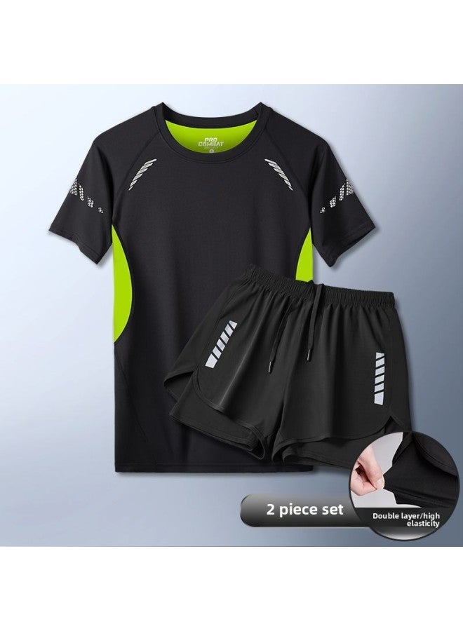 إسكدنيا بدلة سباحة رجالية مكونة من قطعتين صيفية بقصة ضيقة ومضادة للإحراج وقابلة للتنفس، شورت قصير الأكمام للشاطئ، اللون: أسود، مجموعة مكونة من قطعتين - - Image 1