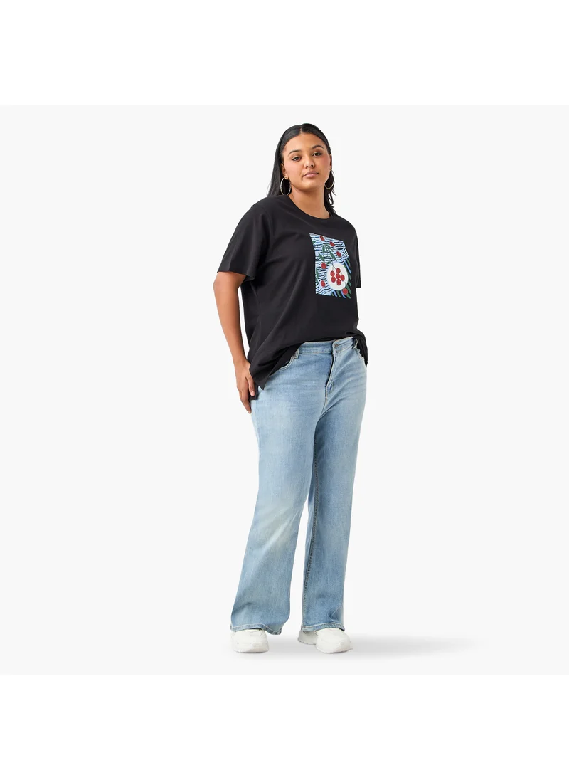 Ulla Popken Plus Size Ulla Popken Cherry Print Round Neck T-shirt with Short Sleeves
