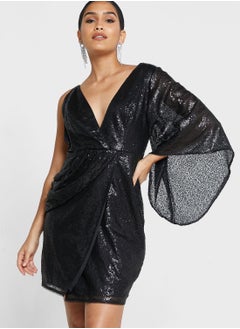 One Shoulder Plunge Neck Front Slit Dress