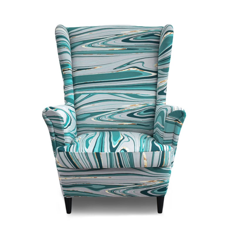 Jusmate Wing Chair Slipcovers 2 Pieces Printed Wingback Chair Covers Armchair Covers Stretch Spandex Sofa Slipcover with Elastic Bottom for Living Room Bedroom Dining Room (Striped Blue) - Image 1