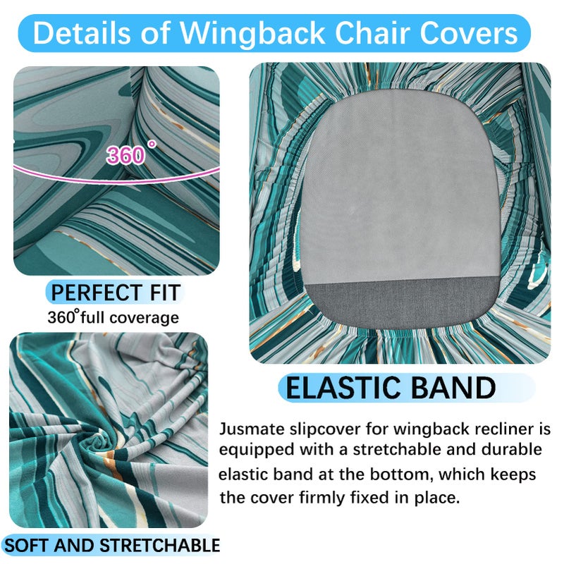 Jusmate Wing Chair Slipcovers 2 Pieces Printed Wingback Chair Covers Armchair Covers Stretch Spandex Sofa Slipcover with Elastic Bottom for Living Room Bedroom Dining Room (Striped Blue) - Image 3