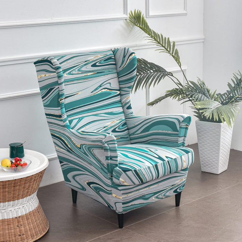 Jusmate Wing Chair Slipcovers 2 Pieces Printed Wingback Chair Covers Armchair Covers Stretch Spandex Sofa Slipcover with Elastic Bottom for Living Room Bedroom Dining Room (Striped Blue) - Image 5