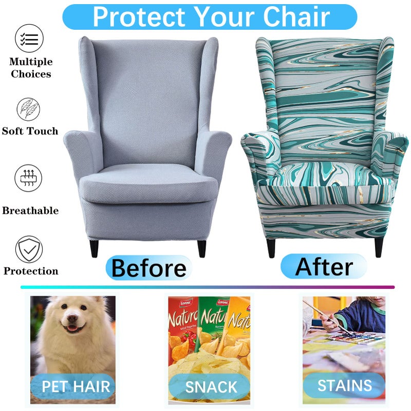 Jusmate Wing Chair Slipcovers 2 Pieces Printed Wingback Chair Covers Armchair Covers Stretch Spandex Sofa Slipcover with Elastic Bottom for Living Room Bedroom Dining Room (Striped Blue) - Image 4