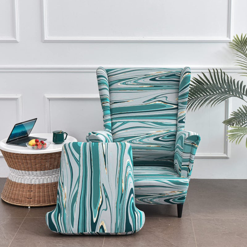 Jusmate Wing Chair Slipcovers 2 Pieces Printed Wingback Chair Covers Armchair Covers Stretch Spandex Sofa Slipcover with Elastic Bottom for Living Room Bedroom Dining Room (Striped Blue) - Image 2