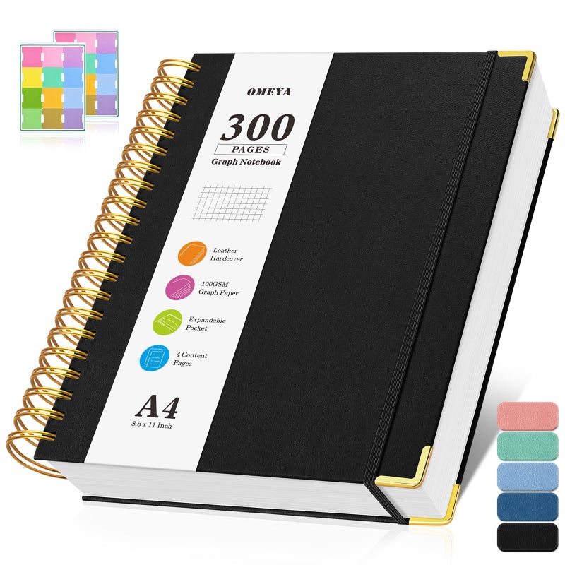 OMEYA Graph Paper Notebook, Spiral Grid Notebook 8.5" X 11", Hardcover Leather Journal 300 Pages, 100GSM Thick Grid Paper Notebook, Large A5 Graphing Notebook Journal for Women Men Writing Engineering Work - Image 1