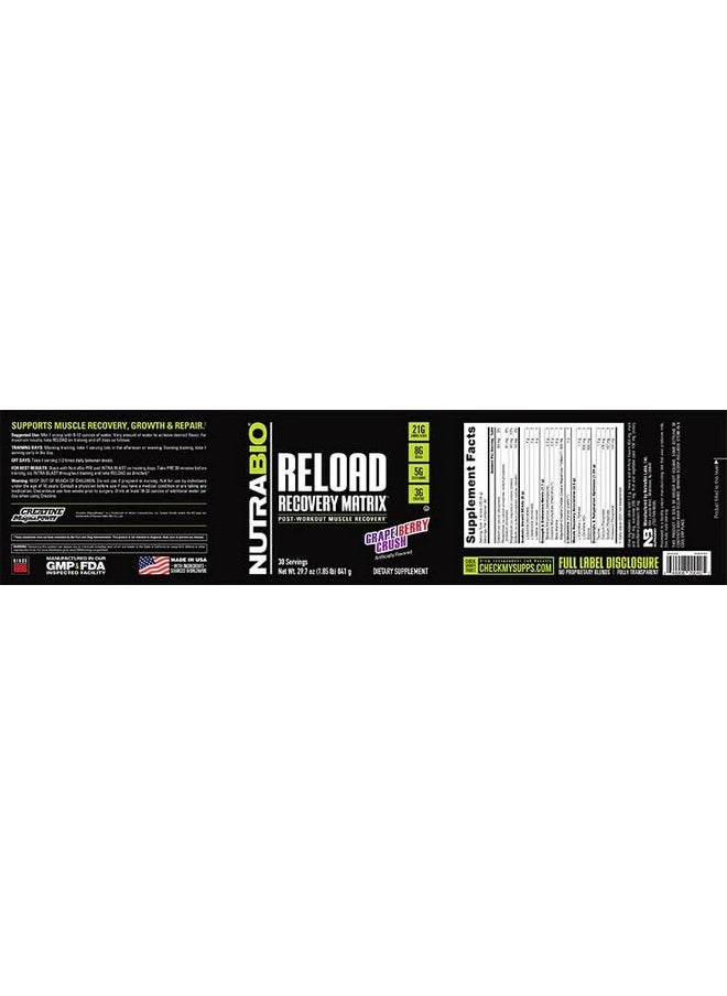 NutraBio NutraBio Reload - Powerful Muscular Recovery Formula - Post-Workout Supplement - 3G Creatine - 8G BCAAs - 5G Glutamine - 30 Servings, Grape Berry Crush  - Image 3