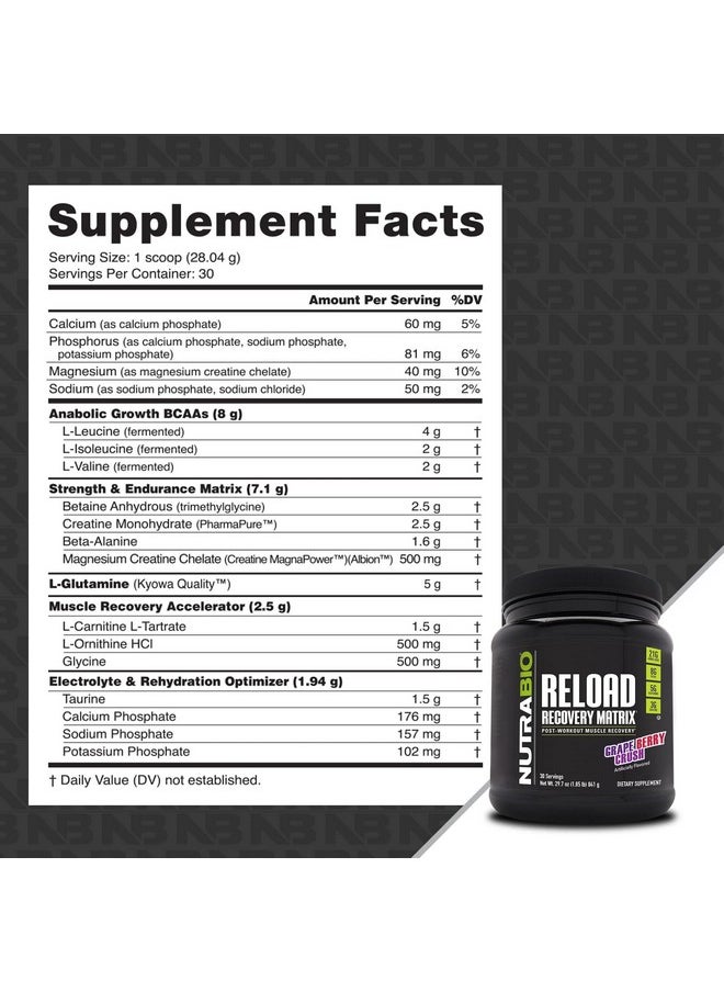 NutraBio NutraBio Reload - Powerful Muscular Recovery Formula - Post-Workout Supplement - 3G Creatine - 8G BCAAs - 5G Glutamine - 30 Servings, Grape Berry Crush  - Image 5