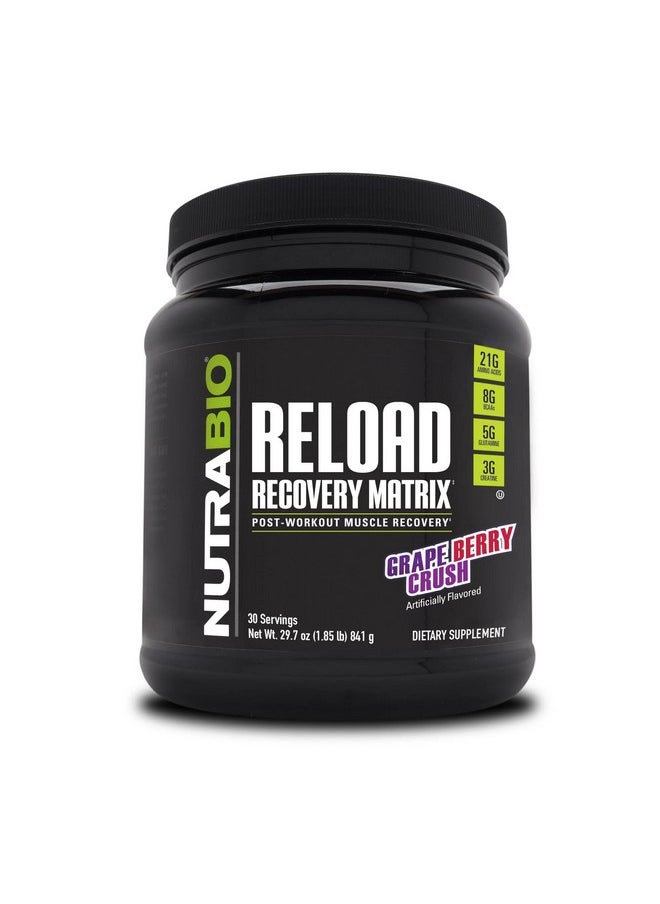 NutraBio NutraBio Reload - Powerful Muscular Recovery Formula - Post-Workout Supplement - 3G Creatine - 8G BCAAs - 5G Glutamine - 30 Servings, Grape Berry Crush  - Image 1