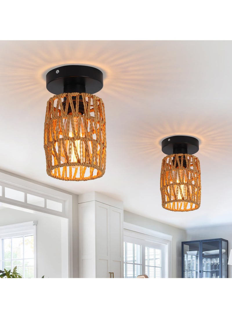Ganeed - Rattan Ceiling Light Hanging,2 Pack Boho ceiling lamp with Rattan Lampshade, Vintage Ceiling Lights Bamboo, Rustic Pendant Lamp Living Room,Basket Lamp for Bedroom, Kitchen, Hallway - Image 1