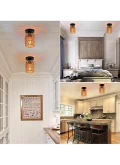 Ganeed Rattan Ceiling Light Hanging,2 Pack Boho ceiling lamp with Rattan Lampshade, Vintage Ceiling Lights Bamboo, Rustic Pendant Lamp Living Room,Basket Lamp for Bedroom, Kitchen, Hallway  - Image 2