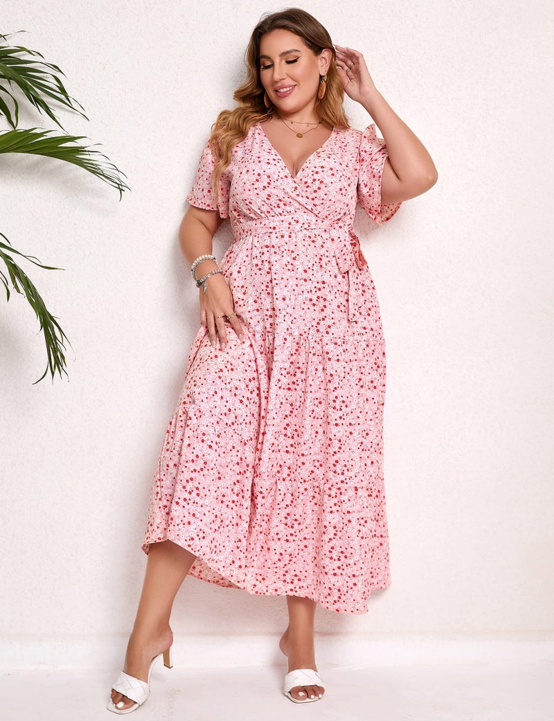KOJOOIN Women Plus Size V Neck Wrap Maxi Dress Short Sleeves High Waist Ruffle Summer Casual Dress with Belt Pink Red Flower 3XL - Image 3