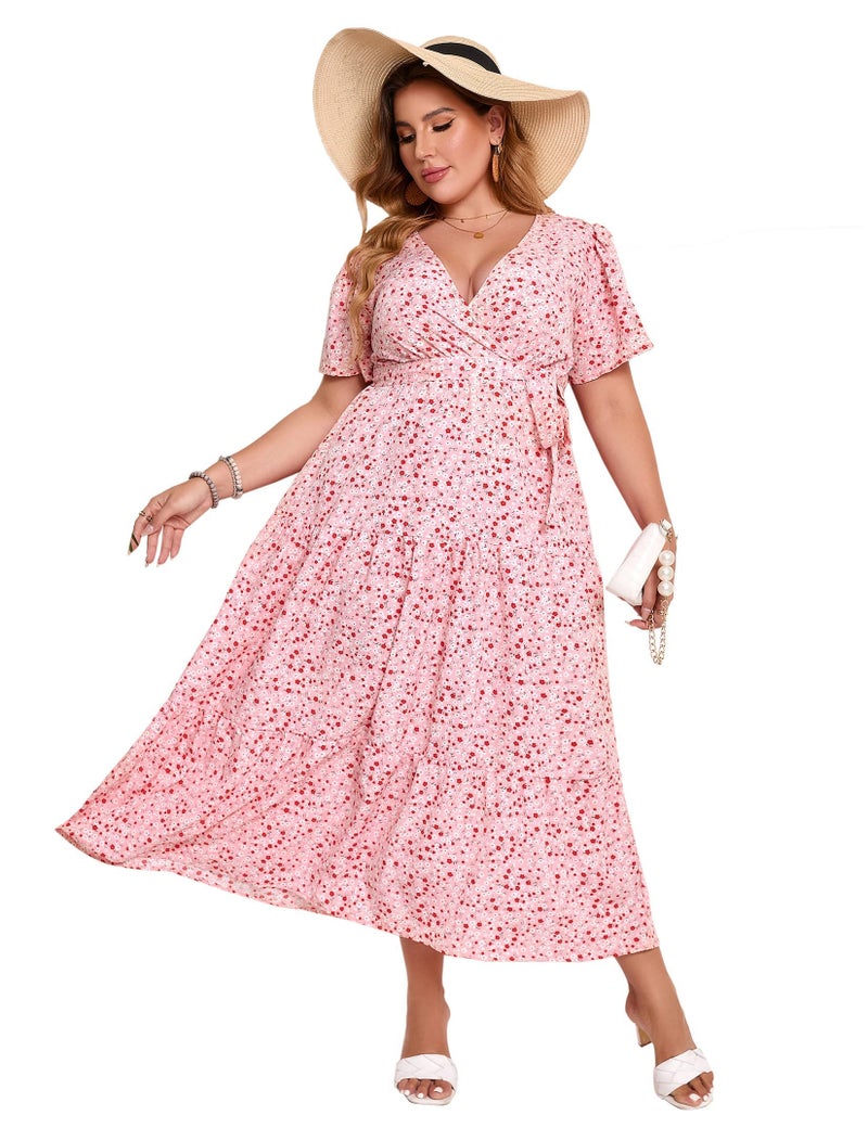 KOJOOIN Women Plus Size V Neck Wrap Maxi Dress Short Sleeves High Waist Ruffle Summer Casual Dress with Belt Pink Red Flower 3XL - Image 1