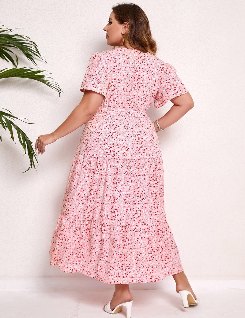 KOJOOIN Women Plus Size V Neck Wrap Maxi Dress Short Sleeves High Waist Ruffle Summer Casual Dress with Belt Pink Red Flower 3XL - Image 5