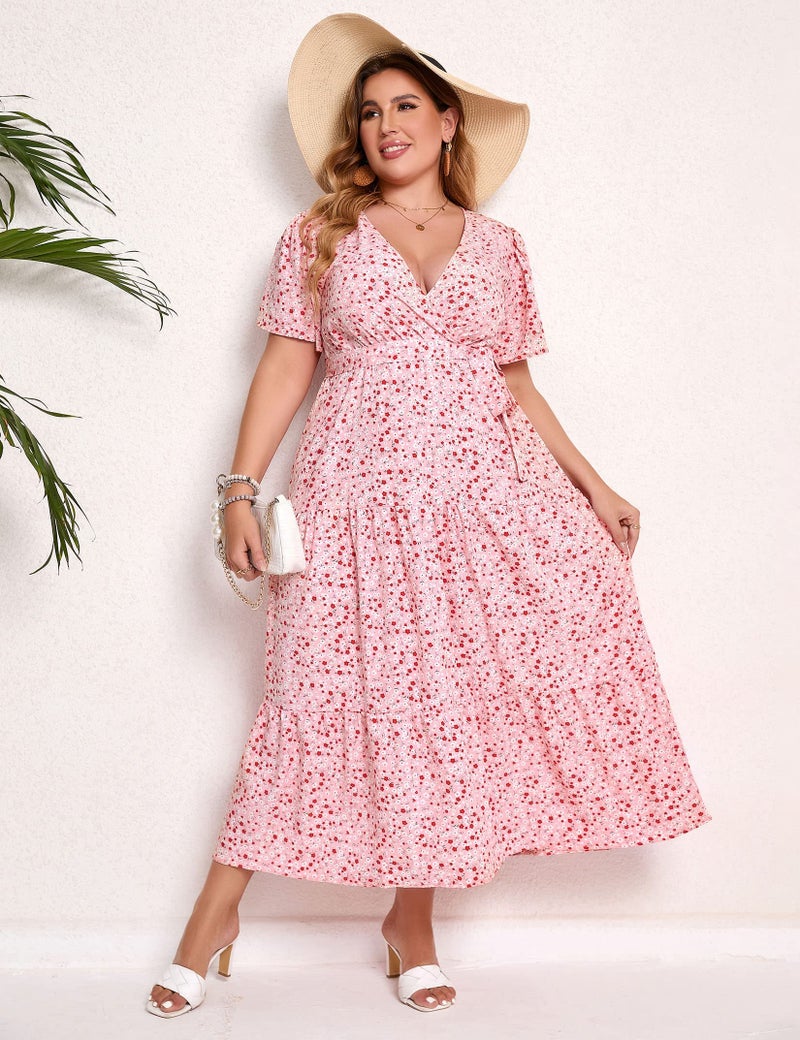 KOJOOIN Women Plus Size V Neck Wrap Maxi Dress Short Sleeves High Waist Ruffle Summer Casual Dress with Belt Pink Red Flower 3XL - Image 2