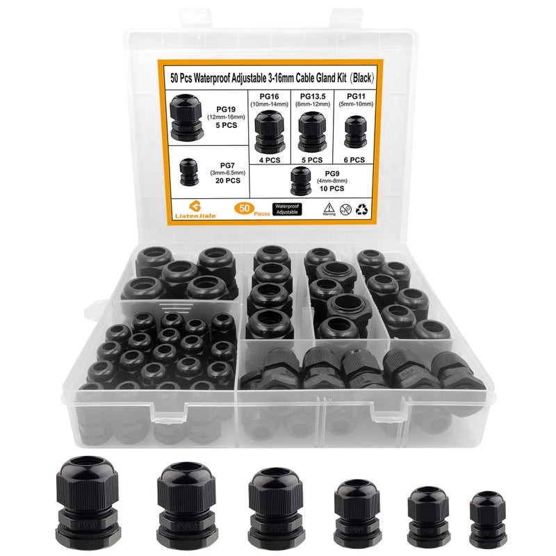 LISTENJIALE Cable Gland Waterproof Listenjiale 50 Pcs Adjustable 3-16Mm Waterproof Cable Connectors Pg7 Pg9 Pg11 Pg13.5 Pg16 Pg19 Plastic Cable Gland Joints With Gaskets In Pp Box(Black) - Image 1