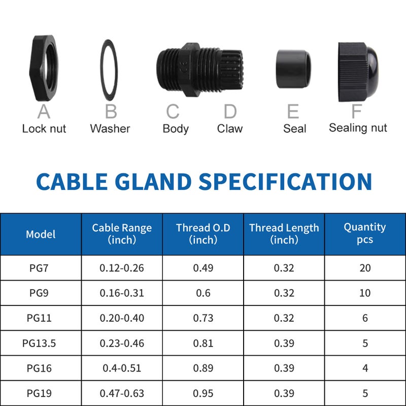 LISTENJIALE Cable Gland Waterproof Listenjiale 50 Pcs Adjustable 3-16Mm Waterproof Cable Connectors Pg7 Pg9 Pg11 Pg13.5 Pg16 Pg19 Plastic Cable Gland Joints With Gaskets In Pp Box(Black) - Image 2