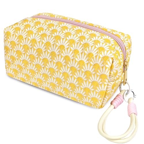 STARDW Aesthetic Floral Makeup Bag with Wrist Strap, Small Cute Cosmetic Pouch for Women with Zipper and Canvas Lining - Image 1