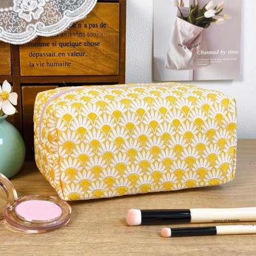 STARDW Aesthetic Floral Makeup Bag with Wrist Strap, Small Cute Cosmetic Pouch for Women with Zipper and Canvas Lining - Image 2