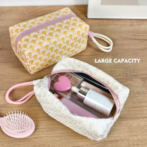 STARDW Aesthetic Floral Makeup Bag with Wrist Strap, Small Cute Cosmetic Pouch for Women with Zipper and Canvas Lining - Image 4