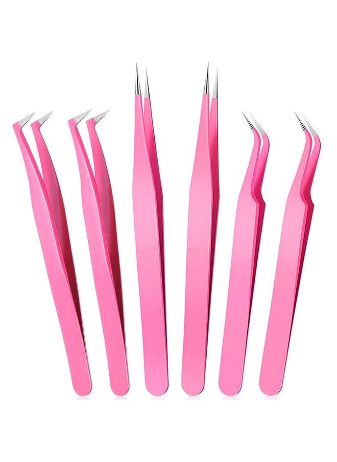 Mudder 6 Pcs Lash Tweezers Eyelash Extension Tweezers Stainless Steel Straight Tip Tweezers Curved Tip Tweezers Individual Volume Eyelash Tweezers Isolation Tweezers False Lash Application Tools (Pink)  - Image 2