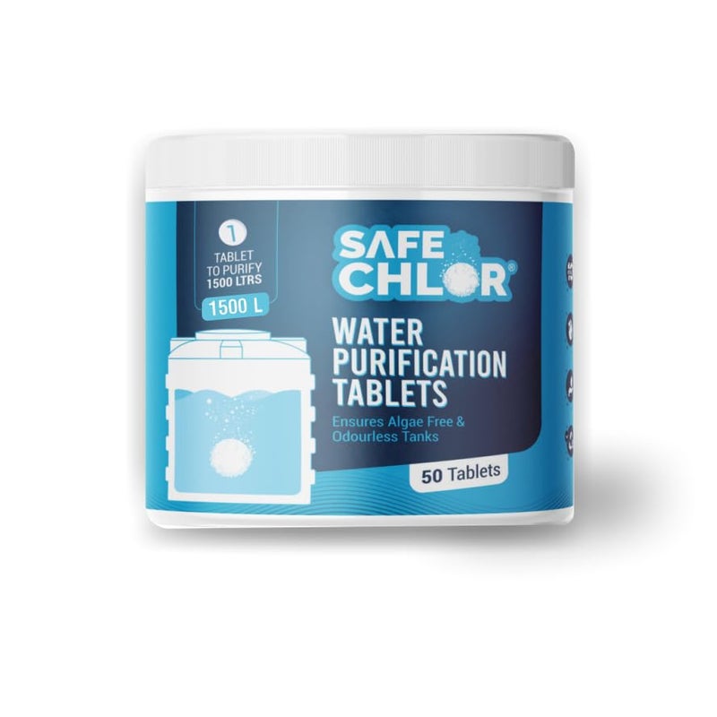 Safe Chlor 1500 لتر | أقراص الكلور لخزانات المياه سعة 1500 لتر | أقراص تنقية المياه للخزانات العلوية والسفلية | قرص واحد لمعالجة 1500 لتر | عبوة تحتوي على 50 قرصًا لـ 75000 لتر - Image 1