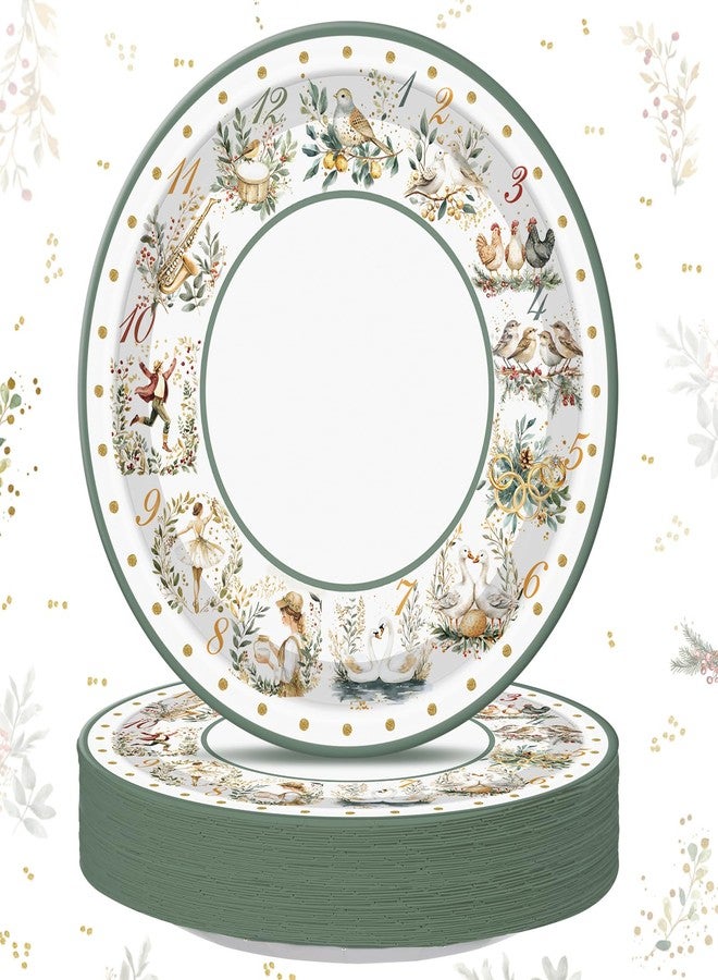 Potchen 48 Pcs 12 Days of Christmas Plates Sage Green Vintage Disposable Paper Plates Holiday Dessert Plate for Xmas Holiday Family Gatherings Party Salad Serving - Image 1