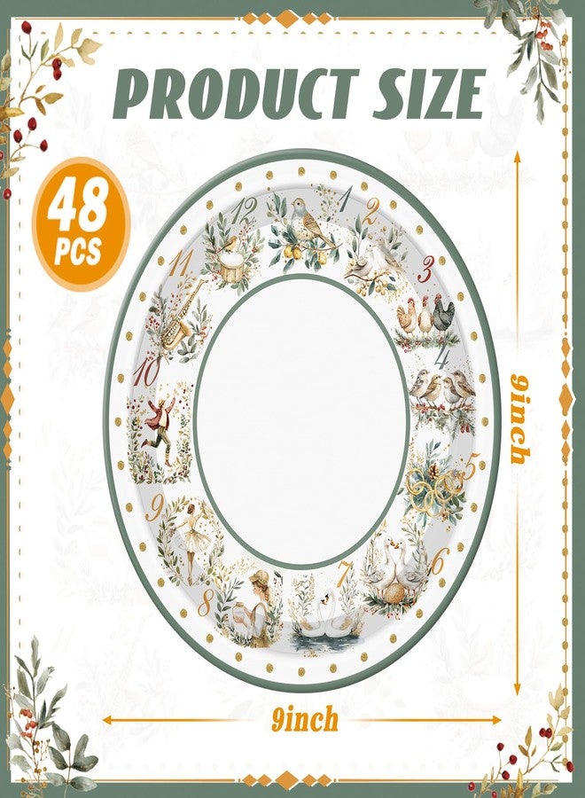 Potchen 48 Pcs 12 Days of Christmas Plates Sage Green Vintage Disposable Paper Plates Holiday Dessert Plate for Xmas Holiday Family Gatherings Party Salad Serving - Image 2