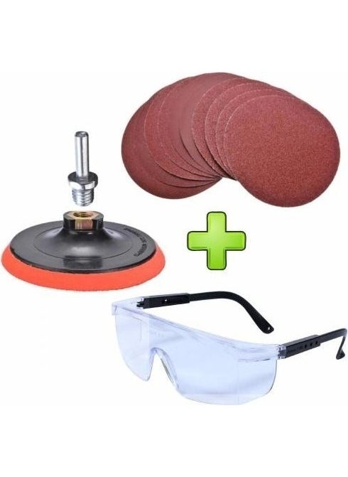 Hesaplı Hırdavat Affordable Hardware Velcro Sanding Set + Drill Apparatus 115 mm 20 Pieces + Work Safety Glasses  - Image 1