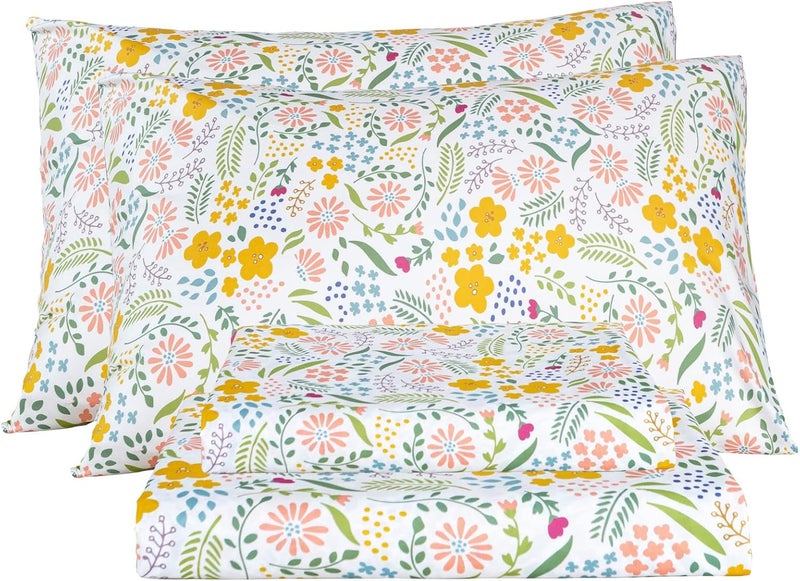 مجموعة أغطية سرير كاملة، فائقة النعومة، قابلة للتنفس، حريرية، جيوب عميقة، 100% مايكروفايبر، 4 قطع، مقاس كامل، زهور - Image 1