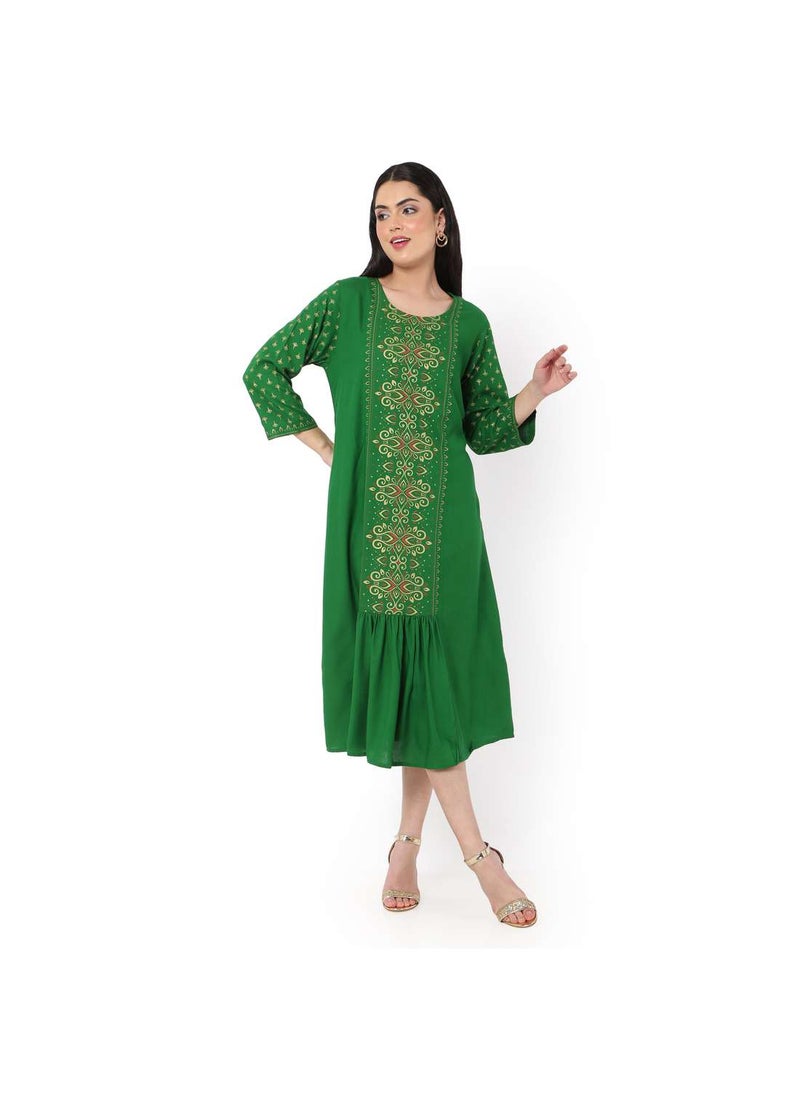 HANA & SARA - SHORT PRINTED CASUAL STYLE GREEN COLOUR ARABIC KAFTAN JALABIYA DRESSES - Image 1