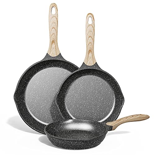 JEETEE Nonstick Frying Pans Set Nonstick Omelette Skillet Set 3 Pcs 8 95 11 Granite NonStick Frying pan with Bakelite Handle Compatible with All Stovetops Gas Electric  Induction Grey