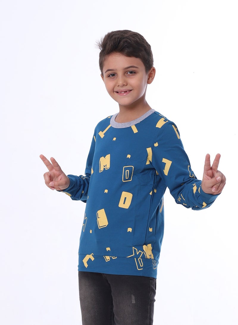 بيبو بلوزة للأولاد مطبوعة بأكمام طويلة_ازرق - Image 1