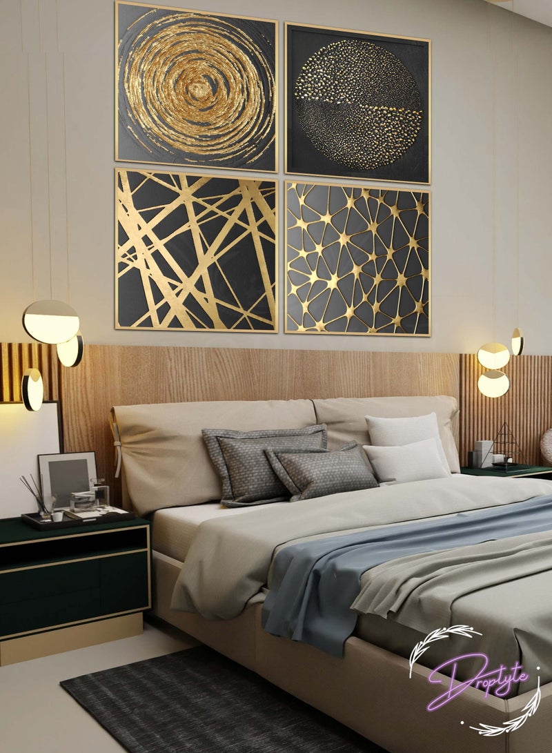 Droplyte 4 Piece Golden and Black Abstract Digital Art Decorative Wall Art Wall Decor Card Board MDF Home Decor For Drawing Room, Living Room, Bedroom, Kitchen or Office 80CM x 80CM  - Image 1