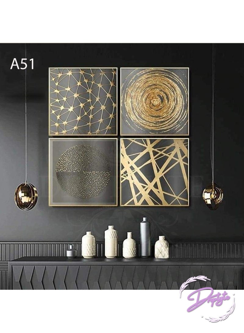 Droplyte 4 Piece Golden and Black Abstract Digital Art Decorative Wall Art Wall Decor Card Board MDF Home Decor For Drawing Room, Living Room, Bedroom, Kitchen or Office 80CM x 80CM  - Image 2