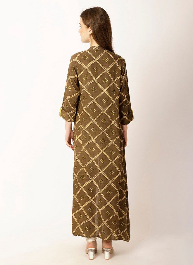 Rue Collection سترة طويلة مفتوحة أمامية مطبوعة باللون البني للنساء - Image 5