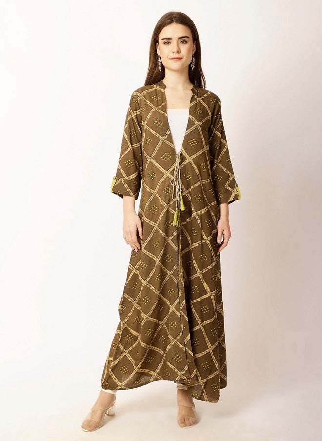 Rue Collection سترة طويلة مفتوحة أمامية مطبوعة باللون البني للنساء - Image 1