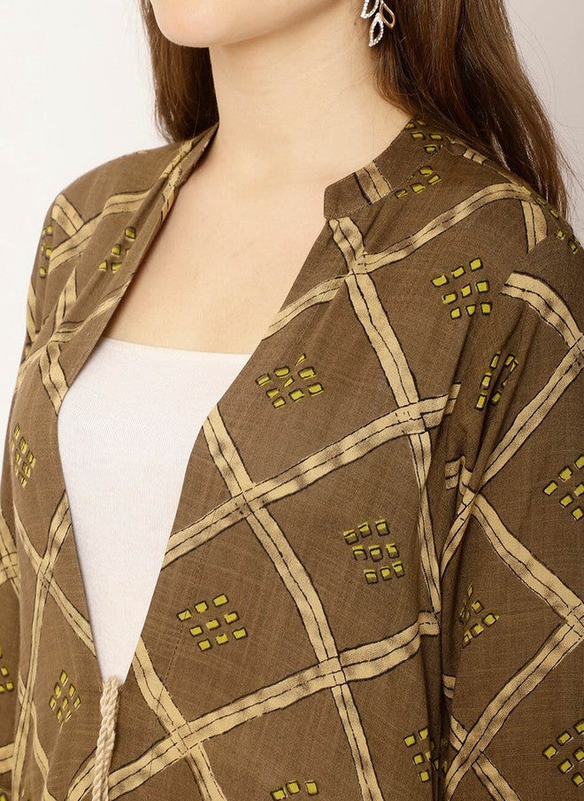 Rue Collection سترة طويلة مفتوحة أمامية مطبوعة باللون البني للنساء - Image 2