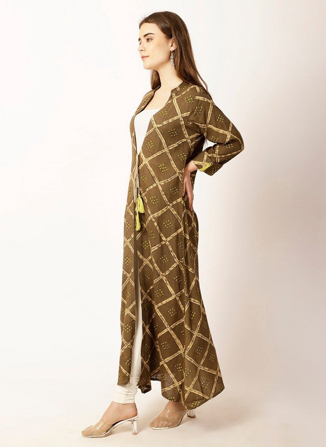 Rue Collection سترة طويلة مفتوحة أمامية مطبوعة باللون البني للنساء - Image 4
