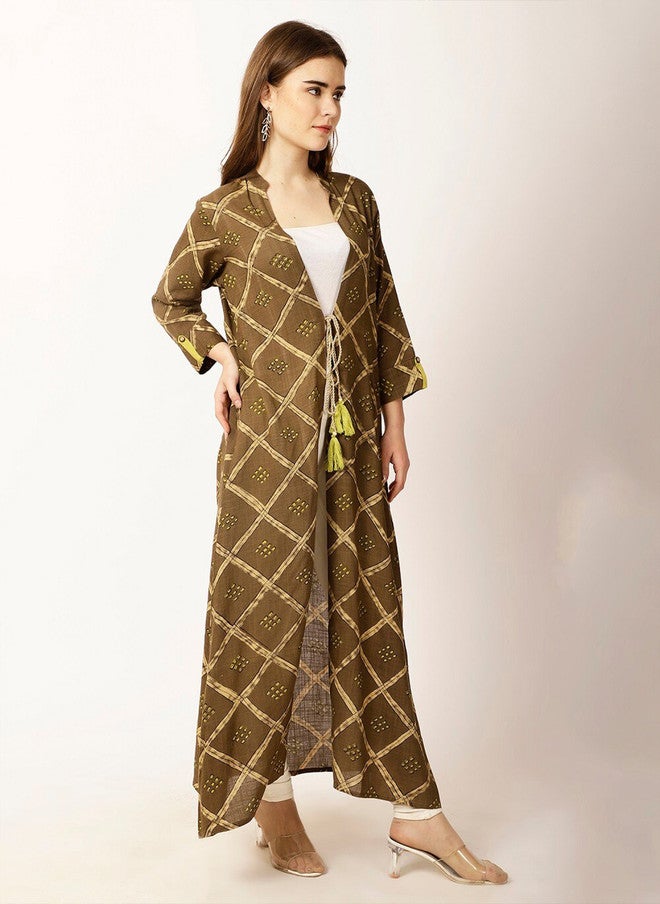 Rue Collection سترة طويلة مفتوحة أمامية مطبوعة باللون البني للنساء - Image 3