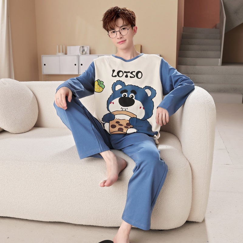 Pajamas For Men Spring And Autum Pure Cotton Long-Sleeved Thin Section Teenagers Men'S Big Children'S Home Wear Set - Image 1