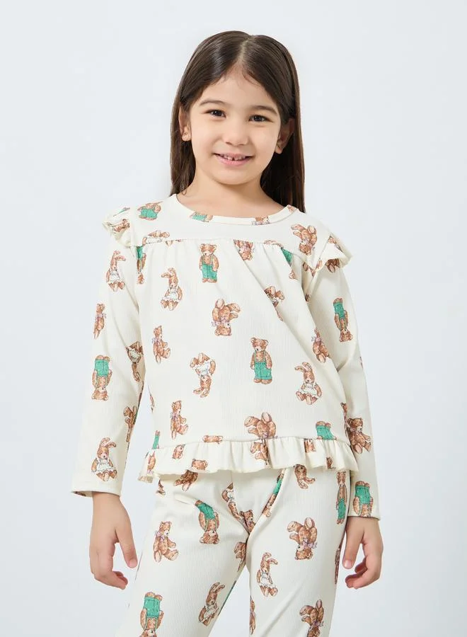 Take Two Take Two Girls Bear Graphic Ruffled Top and Pyjama Set