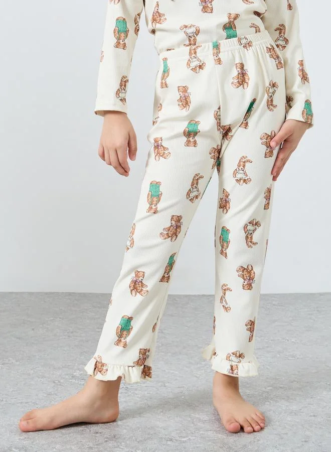 Take Two Take Two Girls Bear Graphic Ruffled Top and Pyjama Set