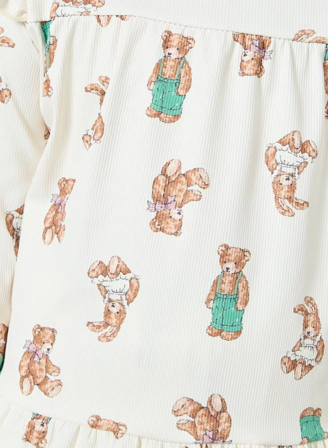 Take Two Take Two Girls Bear Graphic Ruffled Top and Pyjama Set